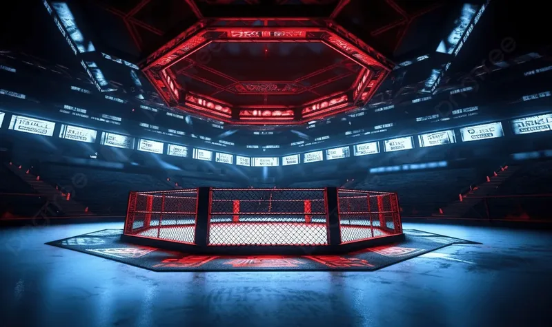 An empty MMA cage lit for broadcast