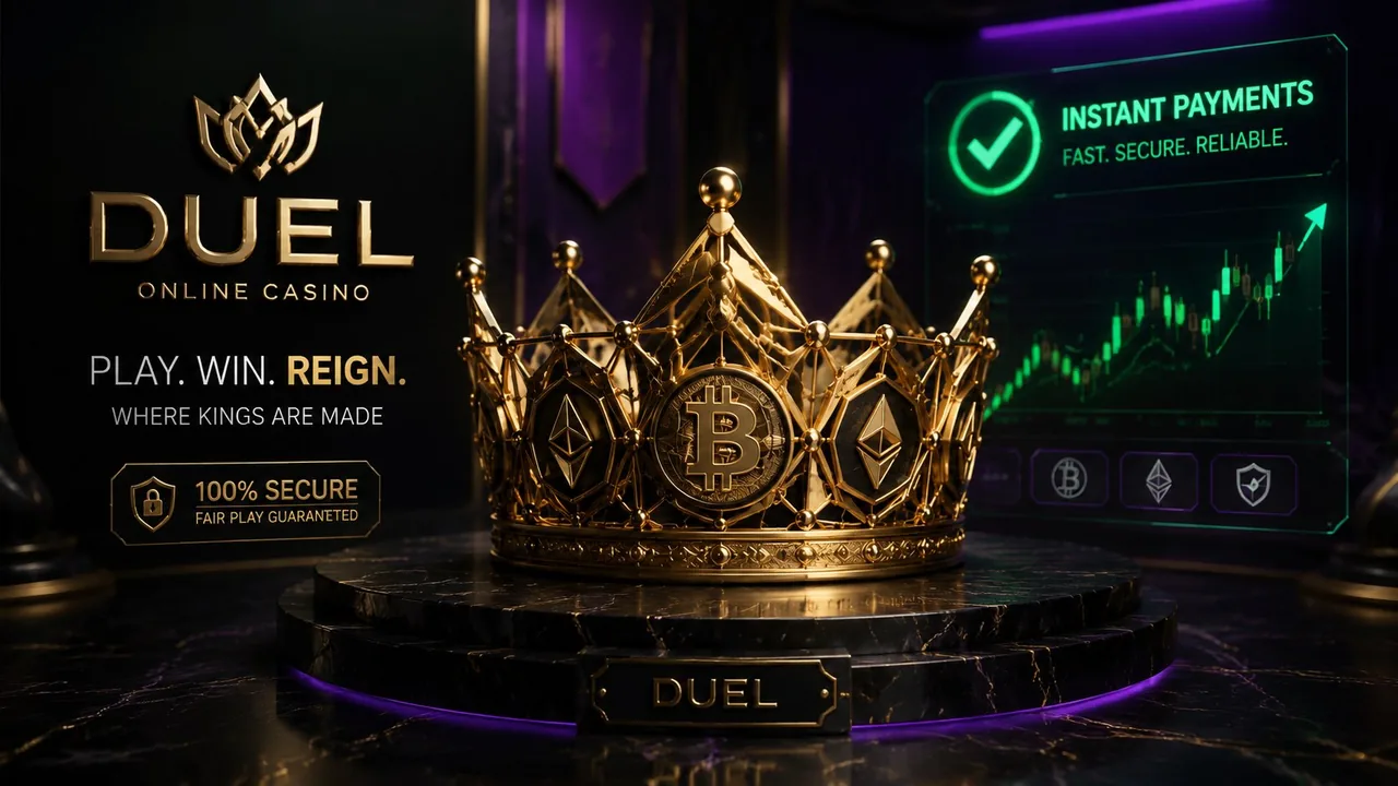 Duel promotional artwork with a crown and the slogan Play, Win, Reign