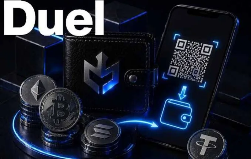Duel promotional art showing supported crypto assets and a wallet