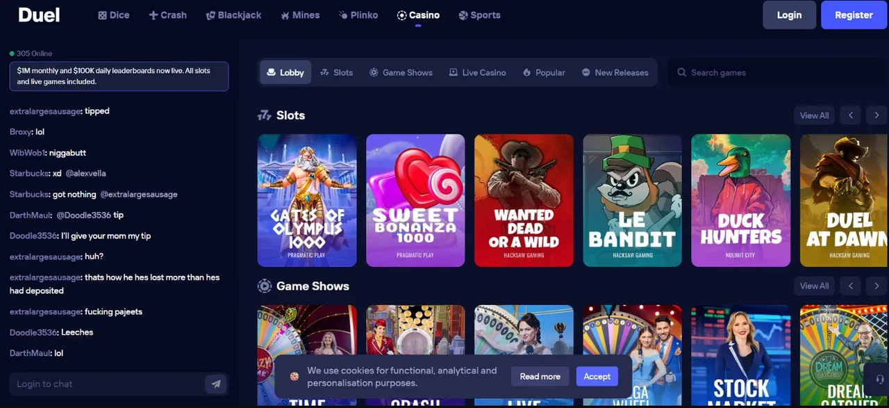The Duel casino lobby with slots and game shows