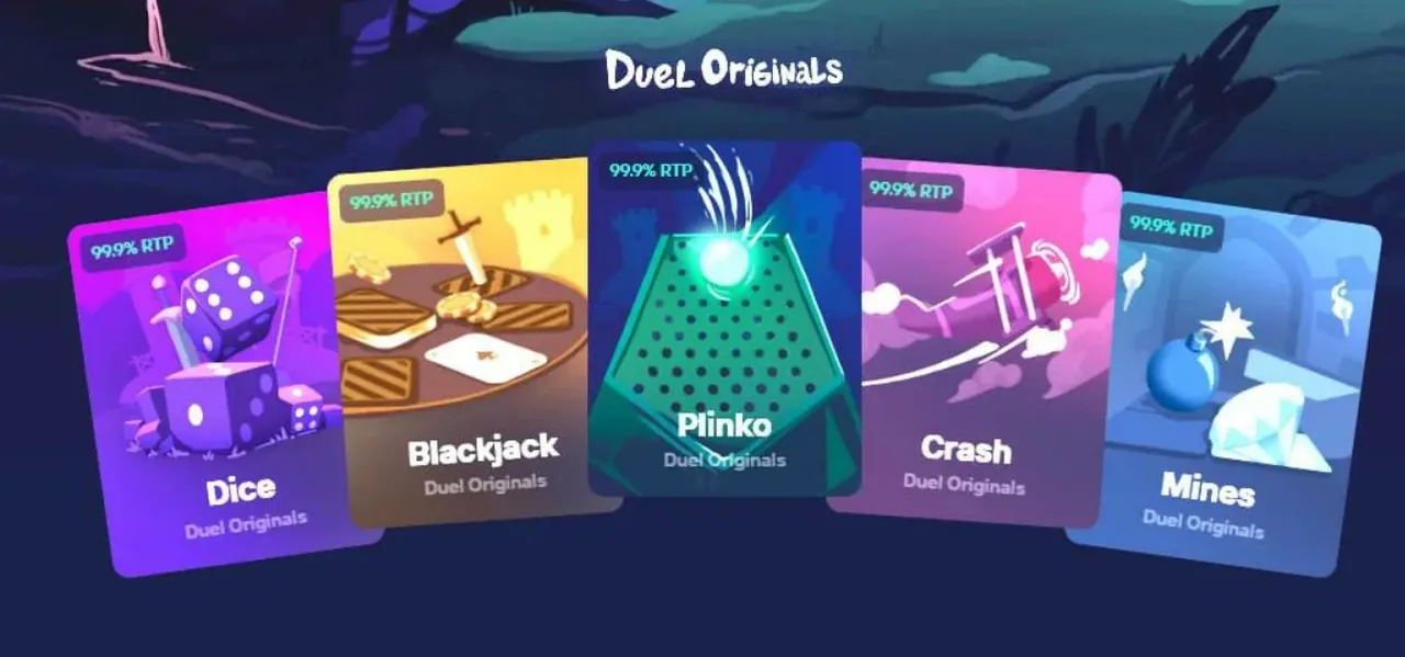 Duel Originals game cards showing the published RTP on each tile