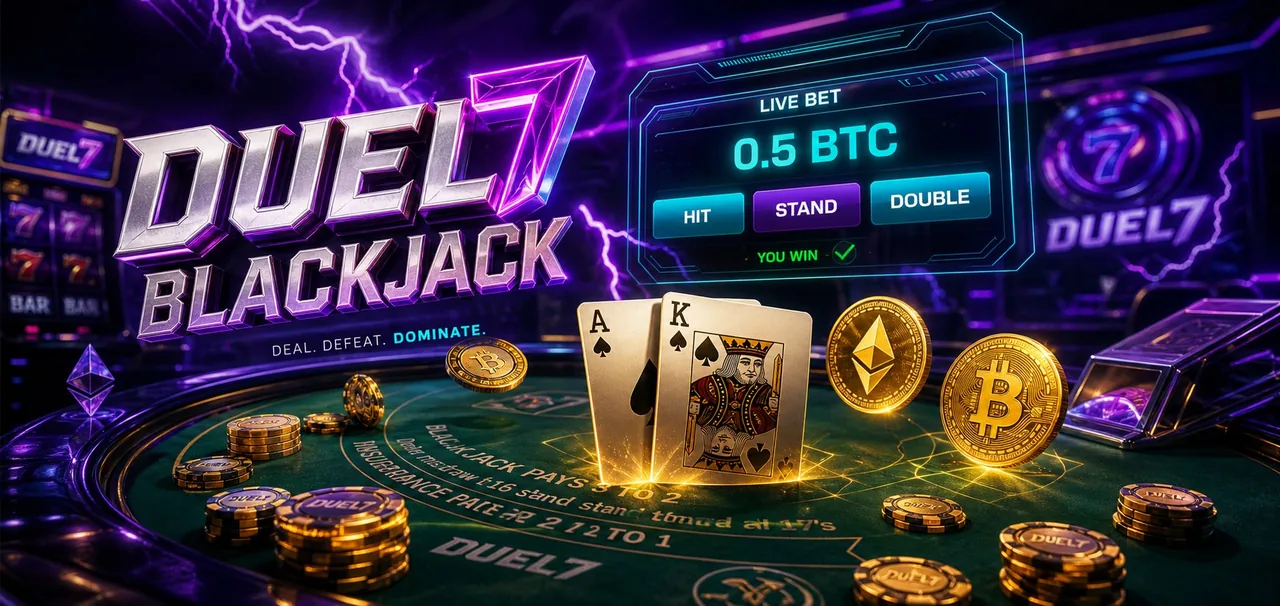 Duel7 Blackjack promotional artwork with Ace-King and crypto chips