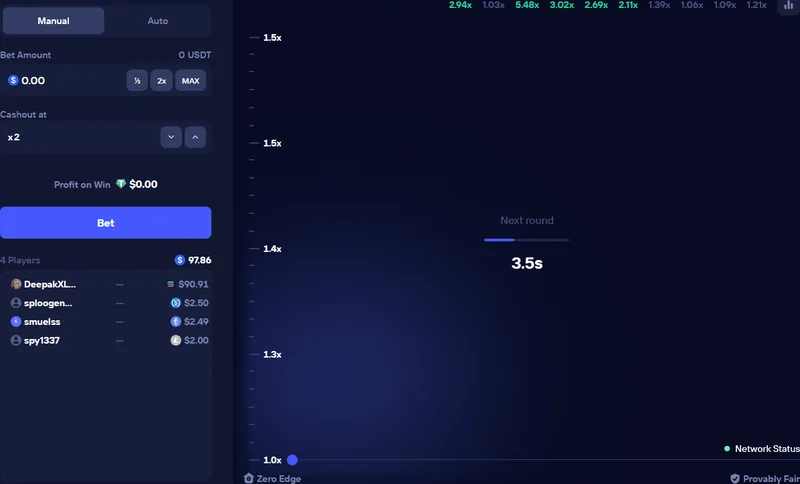 Duel Crash game interface with multiplier history and bet panel