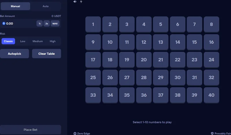 Duel Keno Originals game interface
